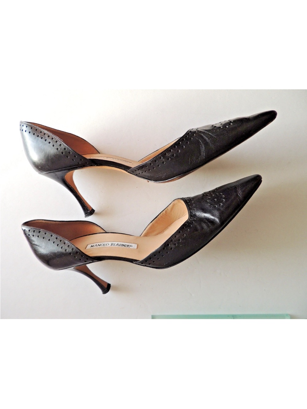 Manolo Blahnik Black Pointed D'Orsay Perforated Leather Heels